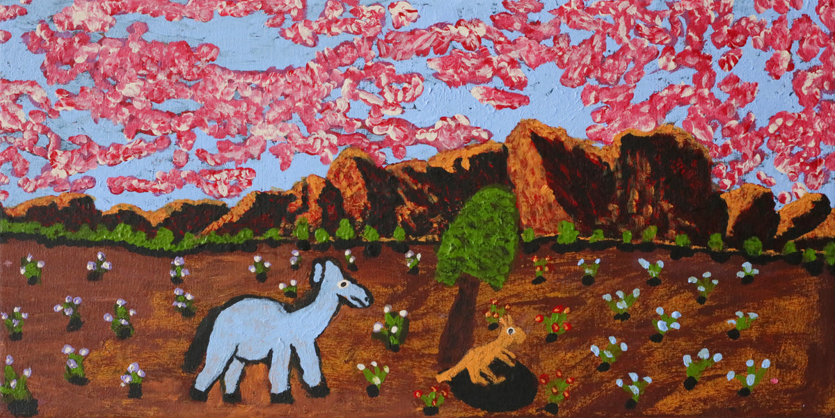Billy Tjampitjinpa Kenda | blue camels pink and blue sky 497-25