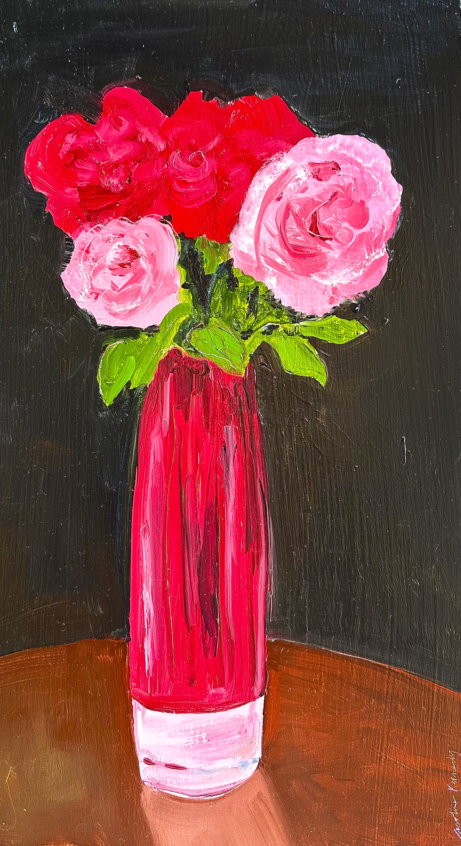 Caroline Kennedy | Roses in red glass vase