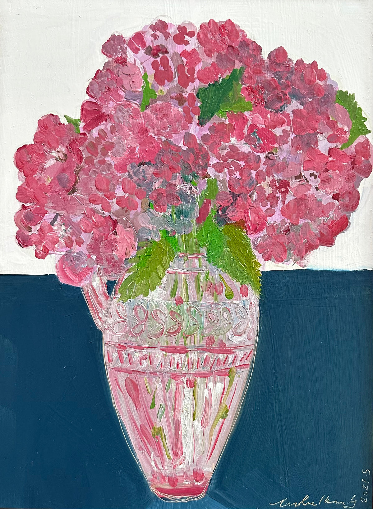 Caroline Kennedy | Hydrangeas in pink glass vase