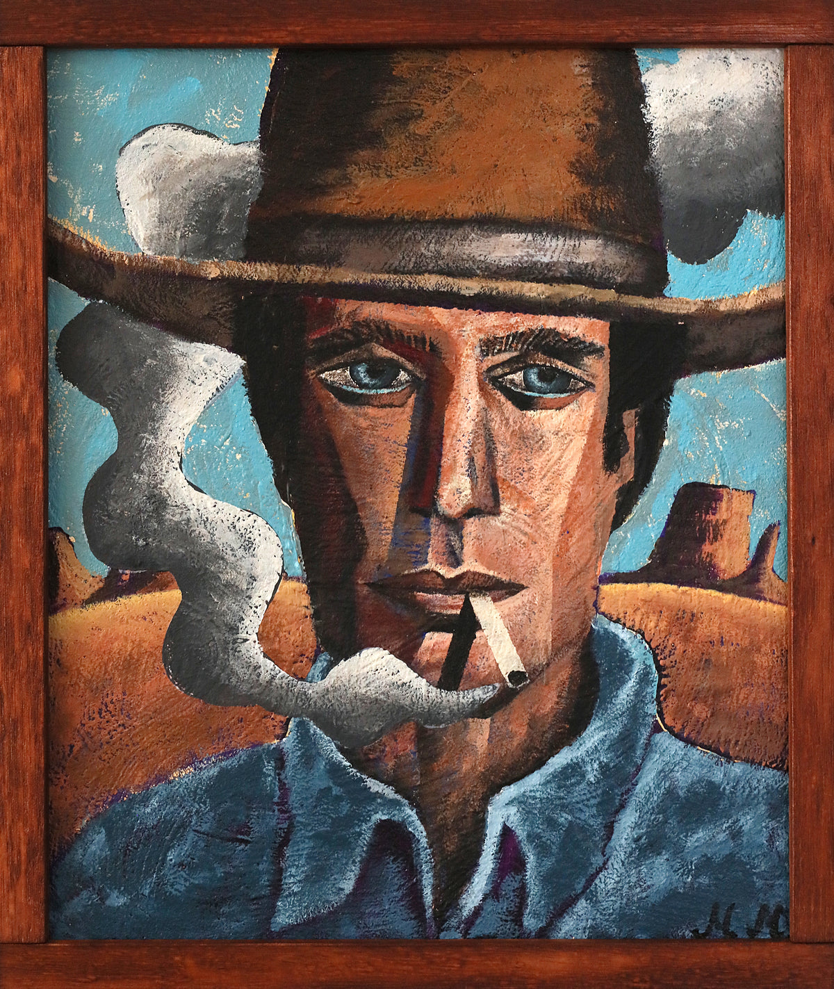 Mickey Mason | Cowboy in blue shirt and smoking cigarette