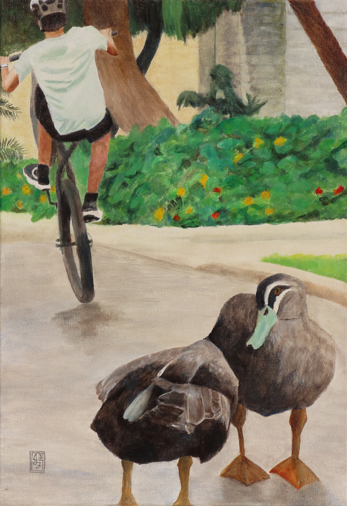 Janet Fountain | Ducks and cyclist